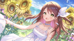 Rule 34 | 1girl, artist name, bare arms, bare shoulders, bracelet, brown hair, choker, collarbone, commentary request, dress, dutch angle, flower, green eyes, hair ribbon, hat, hat ornament, holding, holding clothes, holding hat, horizon, jewelry, looking at viewer, midori foo, ocean, original, pink ribbon, ribbon, sleeveless, sleeveless dress, solo, sundress, sunflower, upper body, water, water drop, white choker, white dress, yellow flower