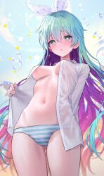 Rule 34 | 1girl, bikini, blue eyes, blue hair, blurry, breasts, bubble, collared shirt, colored inner hair, commission, cowboy shot, depth of field, fymrie, gluteal fold, gradient hair, hair ribbon, highres, long hair, looking at viewer, medium breasts, multicolored hair, navel, no bra, no pants, open clothes, open mouth, open shirt, original, purple hair, ribbon, see-through, shirt, solo, standing, star-shaped pupils, star (symbol), stomach, striped bikini, striped clothes, swimsuit, symbol-shaped pupils, thighs, topless, two-tone hair, very long hair, wet, wet clothes, wet shirt, white shirt