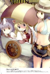 Rule 34 | 3girls, absurdres, acolyte (ragnarok online), animal ears, belt, black hair, blacksmith (ragnarok online), blonde hair, blue bow, blue shorts, blush, blush stickers, bow, breasts, brown belt, brown eyes, capelet, cart, cleavage, closed mouth, cobblestone, collarbone, cowboy shot, crop top, fake animal ears, fence, furu, green eyes, hair bow, hairband, halterneck, hat, highres, holding, holding paper, long hair, long sleeves, looking at another, looking to the side, medium breasts, medium hair, multiple girls, open mouth, page number, paper, pouch, purple hair, rabbit ears, ragnarok online, scan, shirt, short hair, short ponytail, short shorts, shorts, sitting, smile, standing, star (symbol), stone floor, third-party source, translation request, wheel, white capelet, white shirt, whitesmith (ragnarok online), yellow eyes