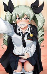 Rule 34 | 10s, 1girl, anchovy (girls und panzer), blush, cape, clothes lift, clothes pull, drill hair, girls und panzer, green hair, grin, hair ribbon, long hair, looking at viewer, necktie, panties, pantyhose, pantyhose pull, pink panties, poshi (ginmokusei), reaching, reaching towards viewer, red eyes, ribbon, school uniform, selfie, skirt, skirt lift, smile, solo, twin drills, twintails, underwear, uniform, white pantyhose