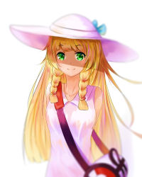 Rule 34 | 1girl, arms behind back, bag, bare shoulders, blonde hair, blue bow, blunt bangs, blurry, bow, braid, breasts, closed mouth, collarbone, collared dress, creatures (company), depth of field, dress, duffel bag, game freak, green eyes, hat, hat bow, highres, lillie (pokemon), long hair, looking at viewer, medium breasts, milu (pixiv8523021), nintendo, poke ball theme, pokemon, pokemon sm, sleeveless, sleeveless dress, smile, solo, sun hat, sundress, twin braids, upper body, white dress, white hat