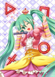 Rule 34 | 1girl, crown, green eyes, green hair, hatsune miku, heart, index finger raised, long hair, matching hair/eyes, microphone, mini crown, one eye closed, open mouth, project diva, project diva (series), smile, solo, square, striped, twintails, very long hair, vocaloid, w rong, wink