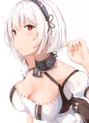 Rule 34 | 1girl, azur lane, bad id, bad twitter id, blush, breasts, choker, cleavage, closed mouth, hair between eyes, hairband, highres, lace-trimmed hairband, lace trim, large breasts, looking at viewer, puffy sleeves, red eyes, short hair, short sleeves, simple background, sirius (azur lane), solo, white background, white hair