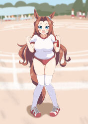 Rule 34 | 172cm, 1girl, alternate costume, animal ears, blue eyes, blurry, blurry background, blush, breasts, brown hair, buruma, clenched hands, commentary request, ear ornament, forehead, full body, highres, holding, horse ears, horse tail, kawakami princess (umamusume), large breasts, long hair, looking at viewer, open mouth, shoes, solo, standing, tail, thighhighs, umamusume