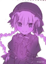 Rule 34 | 10s, 1girl, bow, braid, doll joints, dress, fate/extra, fate (series), frilled dress, frills, hat, hat ribbon, joints, long hair, looking at viewer, minafuni, monochrome, nursery rhyme (fate), puffy sleeves, purple theme, ribbon, short sleeves, smile, solo, twin braids, twitter username
