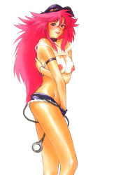 Rule 34 | 1girl, armband, blush, bracelet, breasts, capcom, collar, cuffs, denim, denim shorts, final fight, hand in pants, handcuffs, jewelry, lipstick, long hair, makeup, medium breasts, nipples, non-web source, pink hair, poison (final fight), purple eyes, shorts, solo, street fighter, street fighter iii (series), tan, tanline, third-party edit