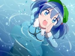 Rule 34 | 1girl, arm up, blue eyes, blue hair, bwell, hair bobbles, hair ornament, hand on own face, hat, kawashiro nitori, key, long sleeves, looking at viewer, matching hair/eyes, open mouth, partially submerged, ripples, short hair, skirt, skirt set, solo, sparkle, touhou, twintails, two side up, water, water drop