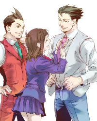 Rule 34 | 1girl, 2boys, ace attorney, adjusting clothes, adjusting necktie, age difference, alternate costume, antenna hair, apollo justice, bad id, bad pixiv id, belt, blue necktie, bracelet, brother and sister, brown eyes, brown hair, capcom, closed eyes, denim, father and daughter, formal, grin, jacket, jewelry, kunihara, multiple boys, necktie, open mouth, pants, pendant, phoenix wright, pleated skirt, red pants, scarf, school uniform, shirt, short hair, siblings, skirt, sleeveless, sleeves rolled up, smile, spade, spiked hair, suit, trucy wright, vest, white background, white shirt