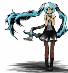 Rule 34 | 1girl, aqua eyes, aqua hair, boots, dress, full body, hand on another&#039;s chest, hands on own chest, hatsune miku, long hair, morina nao, pantyhose, scarf, simple background, solo, strap slip, twintails, very long hair, vocaloid