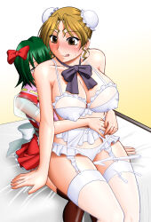 Rule 34 | 1boy, 1girl, apron, blush, bra, breasts, brown eyes, brown hair, bun cover, collarbone, covered erect nipples, cum, cum on legs, double bun, dress, garter straps, green hair, hair bun, hair ribbon, hands on bed, hayasaka akira, highres, hug, hug from behind, large breasts, lingerie, long hair, looking at another, looking back, minase itsuki (vs janshi brand-new stars), mokkouyou bond, neck ribbon, nipples, on bed, open mouth, panties, red ribbon, ribbon, shiny skin, short hair, simple background, sitting, sitting on person, skirt, smile, super real mahjong, sweat, tears, thigh sex, thighhighs, trap, underwear, vs janshi brand-new stars, white bra, white panties, white thighhighs