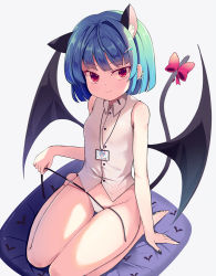 Rule 34 | alternate costume, animal ear fluff, animal ears, bare arms, bare shoulders, black nails, black wings, blue hair, blunt bangs, blush, bob cut, cat ears, cat girl, cat tail, closed mouth, collared shirt, cushion, demon wings, ear piercing, from above, glint, grey background, grey shirt, groin, hair ornament, hairclip, kemonomimi mode, looking at viewer, looking up, nail polish, panties, piercing, red eyes, remilia scarlet, shirt, short hair, side-tie panties, simple background, sitting, sleeveless, sleeveless shirt, smile, sseopik, tail, thigh gap, touhou, underwear, untied panties, wariza, white panties, wings, zabuton