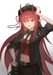 Rule 34 | 1girl, absurdres, ahoge, arknights, arm up, beret, black hat, black jacket, black necktie, black pants, crop top, demon horns, fang, gradient background, grey background, hand on headwear, hat, hetare galm sue, highres, horns, jacket, long hair, looking at viewer, navel, necktie, open clothes, open jacket, pants, parted lips, pointy ears, red eyes, red hair, red shirt, shirt, short sleeves, smile, solo, very long hair, vigna (arknights), white background