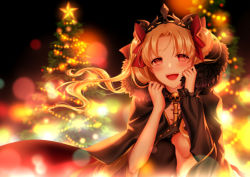 Rule 34 | 1girl, :d, arkray, asymmetrical sleeves, black cape, blonde hair, blush, buckle, cape, christmas, christmas lights, christmas ornaments, christmas tree, commentary request, detached collar, ereshkigal (fate), fate/grand order, fate (series), fur-trimmed cape, fur trim, hair ribbon, highres, jewelry, long hair, looking at viewer, multicolored cape, multicolored clothes, necklace, open mouth, parted bangs, pine tree, red cape, red eyes, red ribbon, ribbon, single sleeve, skull, smile, solo, spine, star (symbol), tiara, tree, two side up, uneven sleeves