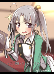 Rule 34 | 1girl, ^^^, ahoge, akitsushima (kancolle), armpit cutout, blush, book, buttons, clothing cutout, earrings, gloves, grey hair, hair ornament, hair ribbon, hand on own ass, highres, holding, holding book, jewelry, kantai collection, leaning forward, long hair, long sleeves, military, military uniform, open mouth, pleated skirt, purple eyes, purple hair, ribbon, side ponytail, sidelocks, skirt, solo focus, soramuko, sweatdrop, translated, twitter username, uniform, wavy mouth, white gloves