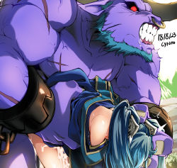 Rule 34 | 1boy, 1girl, alistar (league of legends), aqua hair, bare shoulders, black sclera, breasts, bush, chain, clenched teeth, clothed sex, colored sclera, cuffs, cum, cyrano (aazzss3), dated, facial hair, fingernails, furry, furry male, furry with non-furry, glowing, glowing eye, highres, interspecies, league of legends, long hair, muscular, outdoors, piercing, red eyes, saliva, scar, sex, shackles, signature, size difference, sona (league of legends), speed lines, sweat, teeth, tree, trembling, twintails, veins
