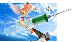 Rule 34 | 1girl, angel wings, bird, day, duel monster, hat, injection fairy lily, large syringe, nurse, nurse cap, ochuusha tenshi lily, oversized object, pink eyes, pink hair, pointing, sky, solo, suyu38, syringe, wings, yu-gi-oh!, yuu-gi-ou, yu-gi-oh! duel monsters