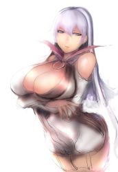 Rule 34 | bare shoulders, blue eyes, breasts, cleavage, highres, hip focus, hometa, huge breasts, isabelle (shadowverse), light smile, long hair, looking at viewer, parted lips, purple hair, shadowverse, simple background, sketch, smile, thighs, white background