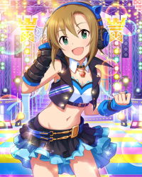 Rule 34 | 10s, 1girl, animal ear headphones, artist request, belt, brown hair, cat ear headphones, character name, cropped jacket, detached collar, fake animal ears, green eyes, headphones, idolmaster, idolmaster cinderella girls, jpeg artifacts, midriff, over the collar, short hair, skirt, smile, solo, sparkle, tada riina