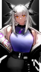 Rule 34 | 1girl, ambience synesthesia, arknights, bare shoulders, black jacket, black skirt, breasts, eyebrows hidden by hair, highres, jacket, long hair, looking at viewer, medium breasts, off shoulder, open clothes, open jacket, orange eyes, parted lips, ptilopsis (arknights), purple skirt, shirt, skirt, sleeveless, sleeveless shirt, solo, white hair, yacchi (yxxrem)