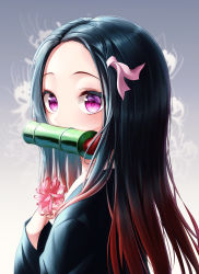 Rule 34 | 1girl, absurdres, bit gag, black hair, black jacket, commentary request, forehead, from side, gag, gagged, gradient background, grey background, hair ribbon, hand up, highres, holding, jacket, kamado nezuko, kimetsu no yaiba, long sleeves, looking at viewer, parted bangs, pink eyes, pink ribbon, red hair, ribbon, solo, tiokun7