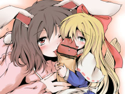 Rule 34 | 1boy, 2girls, animal ears, blonde hair, blush, bow, brown hair, censored, cooperative fellatio, disembodied penis, doll, fellatio, hairband, inaba tewi, long hair, mini person, minigirl, multiple girls, naughty face, nejime, oral, penis, penis on face, penis over one eye, rabbit ears, shanghai doll, short hair, size difference, tail, touhou
