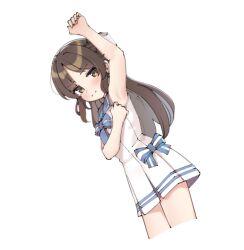 Rule 34 | 1girl, aa211108, arm up, armpits, bare arms, blush, brown hair, commentary, cropped legs, dress, dutch angle, idolmaster, idolmaster cinderella girls, long hair, looking at viewer, presenting armpit, sailor dress, simple background, solo, tachibana arisu, thighs, very long hair, white background