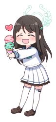 Rule 34 | 1girl, :d, ^ ^, airi (blue archive), black hair, blue archive, blue sailor collar, blush, brown footwear, chibi, closed eyes, double scoop, food, halo, harada (sansei rain), heart, holding, holding food, ice cream, ice cream cone, loafers, long hair, long sleeves, open mouth, pleated skirt, puffy long sleeves, puffy sleeves, sailor collar, shirt, shoes, simple background, skirt, smile, solo, standing, thighhighs, very long hair, white background, white shirt, white skirt, white thighhighs