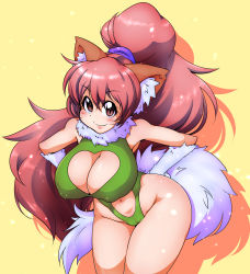 Rule 34 | 1girl, animal ears, bare legs, bare shoulders, breasts, brown eyes, brown hair, cat ears, cat girl, cleavage, cleavage cutout, clothing cutout, curvy, elbow gloves, female focus, gloves, hands on own hips, happy, highleg, highleg leotard, highres, huge breasts, large breasts, leaning forward, leotard, long hair, looking at viewer, navel, navel cutout, partially visible vulva, paw print, perisie (star ocean), pink hair, ponytail, red eyes, red hair, ryoi, shiny clothes, shiny skin, simple background, slit pupils, smile, solo, standing, star ocean, star ocean first departure, tail, thick thighs, thighhighs, thighs, thong leotard, very long hair, wide hips, yellow background