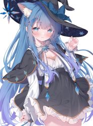 Rule 34 | 1girl, black capelet, black skirt, blue bow, blue eyes, blue hair, blue ribbon, blush, bow, breasts, butterfly hair ornament, capelet, cleavage, closed mouth, commission, eip (pepai), frilled skirt, frills, hair ornament, hat, hat bow, highres, long hair, long sleeves, looking at viewer, original, ribbon, simple background, skeb commission, skirt, small breasts, snowflakes, solo, white background, witch hat