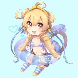 Rule 34 | 10s, 1girl, :3, :d, ahoge, andira (granblue fantasy), animal ears, bad id, bad pixiv id, barefoot, bikini, bikini under clothes, blonde hair, blue background, blue bow, blue ribbon, bow, chibi, choker, collarbone, denim, denim shorts, earrings, erune, eyebrows, eyes visible through hair, full body, fur, granblue fantasy, hair between eyes, hairband, heart, highres, hood, hood down, hooded jacket, innertube, jacket, jewelry, kaenuco, leggings, light particles, long sleeves, looking at viewer, monkey ears, monkey tail, navel, no nose, open fly, open mouth, orange eyes, pom pom (clothes), ribbon, see-through, short hair, shorts, simple background, smile, solo, standing, striped bikini, striped clothes, striped leggings, striped thighhighs, swim ring, swimsuit, tail, tail bow, tail ornament, thighhighs