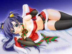 Rule 34 | 1girl, akimoto dai, bed, bell, belt, black belt, black hair, black panties, black thighhighs, blue background, blue eyes, blush, breasts, capelet, christmas, cleavage, earrings, fur-trimmed capelet, fur-trimmed shirt, fur-trimmed skirt, fur trim, garter straps, grin, hair bell, hair ornament, highres, jewelry, large breasts, long hair, looking at viewer, lying, midriff, navel, neck ribbon, original, panties, red capelet, red shirt, red skirt, ribbon, santa costume, shirt, skirt, smile, source request, strapless, teeth, thighhighs, tube top, twintails, underwear