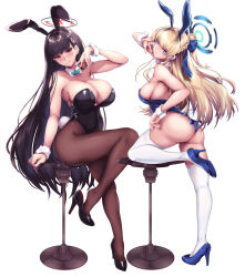 Rule 34 | 2girls, absurdres, alternate costume, animal ears, aqua bow, aqua bowtie, ass, bare arms, bare shoulders, black footwear, black hair, black leotard, blonde hair, blue archive, blue eyes, blue leotard, blush, bow, bowtie, braid, breasts, brown pantyhose, cleavage, detached collar, fake animal ears, fake tail, full body, halo, hand up, high heels, highres, large breasts, legs, leotard, long hair, looking at viewer, medium breasts, multiple girls, official alternate costume, pantyhose, playboy bunny, rabbit ears, rabbit tail, red eyes, rio (blue archive), saboten teishoku, shoe dangle, simple background, sitting, solo, standing, standing on one leg, strapless, strapless leotard, tail, thighhighs, thighs, toki (blue archive), toki (bunny) (blue archive), v, very long hair, white background, white thighhighs, wrist cuffs