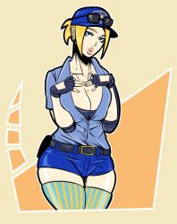 Rule 34 | 1girl, belt, blonde hair, blue eyes, breasts, capcom, cleavage, final fight, final fight 3, fingerless gloves, gloves, hat, large breasts, lucia morgan, police, police uniform, policewoman, pululito, shorts, skindentation, street fighter, street fighter v, striped clothes, striped thighhighs, sunglasses, sunglasses on head, thick lips, thick thighs, thighhighs, thighs, uniform