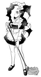 Rule 34 | 1boy, alternate costume, apron, bad id, bad twitter id, closed mouth, commentary request, creatures (company), crossdressing, dede (qwea 00000), dress, enmaided, eyeshadow, full body, game freak, greyscale, gym leader, hair over one eye, headdress, highres, holding, holding mop, long hair, maid, makeup, male focus, monochrome, mop, multicolored hair, nintendo, piers (pokemon), pokemon, pokemon swsh, shoes, short sleeves, solo, standing, two-tone hair, waist apron, wrist cuffs
