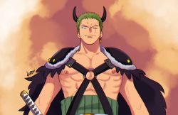 Rule 34 | 1boy, abs, armor, black cape, cape, chest harness, cloud, cloudy sky, earrings, green hair, harness, jewelry, kasuga akira, looking at viewer, male focus, nipples, o-ring, o-ring top, official alternate costume, one piece, orange sky, pauldrons, pectorals, roronoa zoro, scar, scar across eye, scar on chest, short hair, shoulder armor, sky, sword, toned, toned male, upper body, weapon
