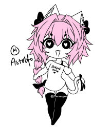 Rule 34 | animal ears, arms at sides, astolfo (fate), black bow, black legwear, bow, braid, cat ears, cat tail, fang, fate/apocrypha, fate (series), heart, heart-shaped pupils, highres, looking at viewer, pink hair, shirt, solo, symbol-shaped pupils, tail, tail bow, tail ornament, trap