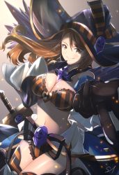 Rule 34 | 10s, 1girl, bare shoulders, beatrix (granblue fantasy), black gloves, blush, breasts, brown hair, cape, cleavage, closed mouth, cowboy shot, detached sleeves, finger to mouth, foreshortening, gloves, granblue fantasy, halloween, halloween costume, hat, large breasts, long hair, long sleeves, looking at viewer, marusan, midriff, navel, revealing clothes, smile, solo, stomach, striped clothes, striped thighhighs, sword, thighhighs, weapon, wide sleeves, witch hat, yellow eyes