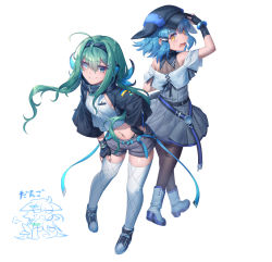 Rule 34 | 2girls, absurdres, ahoge, akari (shichigatsu), ankle boots, back-to-back, bare shoulders, black gloves, black headwear, blue eyes, blue hair, boots, chibi, chibi inset, d:, fingerless gloves, floating hair, gloves, green hair, grey shorts, grey skirt, hairband, hand on own hip, hand up, hat, headphones, heterochromia, highres, leaning forward, long hair, looking at viewer, midriff, multiple girls, navel, off shoulder, open mouth, orange eyes, original, panty straps, pigeon-toed, pleated skirt, shichigatsu, shoes, shorts, simple background, skirt, smile, sou (shichigatsu), sweatdrop, thighhighs, white background, white legwear