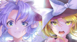Rule 34 | 2girls, angry, black shirt, blonde hair, blue eyes, blue hair, bow, brown headwear, clenched hand, closed mouth, commentary request, crying, crying with eyes open, dress, fedora, furious, hair ribbon, hat, hat bow, looking at viewer, mai (touhou), multiple girls, open mouth, parted bangs, ribbon, shirt, short hair, simple background, smirk, tears, touhou, touhou (pc-98), v-shaped eyebrows, wasabi sankiro, white background, white bow, white dress, white ribbon, yellow eyes, yuki (touhou)