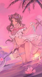 Rule 34 | 1girl, absurdres, ahoge, animal ears, arknights, bikini, brown hair, commentary, english commentary, eyjafjalla (arknights), eyjafjalla (summer flower) (arknights), flower, highres, holding, holding staff, horns, long hair, looking at viewer, midriff, navel, nianbingzi, off-shoulder bikini, off shoulder, official alternate costume, palm tree, pink bikini, pink eyes, pink flower, pink sky, pink theme, sheep ears, sheep girl, sheep horns, shirt, sky, solo, staff, sunset, swimsuit, swimsuit cover-up, thigh strap, tree, wading