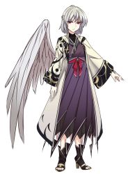Rule 34 | 1girl, ankle boots, arm tattoo, arms at sides, boots, braid, closed mouth, coat, dress, feathered wings, french braid, grey hair, grey wings, high heel boots, high heels, highres, kishin sagume, long dress, long sleeves, looking at viewer, medium hair, open clothes, open coat, purple dress, red eyes, shukusuri, single wing, solo, standing, tattoo, toeless footwear, touhou, white coat, wings