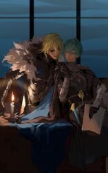 2boys arm_up armor armored_gloves black_armor black_cape black_fur black_gloves black_pants blonde_hair blue_cape blue_eyes byleth_(fire_emblem) byleth_(male)_(fire_emblem) candle cape closed_mouth cloud cloudy_sky couple cropped_legs dagger desk dimitri_alexandre_blaiddyd eyepatch fire_emblem fire_emblem:_three_houses fur_trim gloves green_eyes green_hair highres holding holding_paper inkwell knife leaning_back leaning_forward looking_at_another male_focus multiple_boys night nintendo one_eye_covered pants paper papers parted_lips quill scabbard sheath sitting sky weapon white_fur window yaoi zn_(loliconzn)