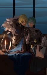 Rule 34 | 2boys, arm up, armor, armored gloves, black armor, black cape, black fur, black gloves, black pants, blonde hair, blue cape, blue eyes, byleth (fire emblem), byleth (male) (fire emblem), candle, cape, closed mouth, cloud, cloudy sky, couple, cropped legs, dagger, desk, dimitri alexandre blaiddyd, eyepatch, fire emblem, fire emblem: three houses, fur trim, gloves, green eyes, green hair, highres, holding, holding paper, inkwell, knife, leaning back, leaning forward, looking at another, male focus, multiple boys, night, nintendo, one eye covered, pants, paper, papers, parted lips, quill, scabbard, sheath, sitting, sky, weapon, white fur, window, yaoi, zn (loliconzn)