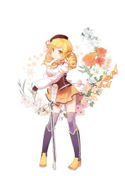 Rule 34 | 1girl, blonde hair, blouse, breasts, brown hat, contrapposto, corset, cuivre, detached sleeves, drill hair, fingerless gloves, flower, full body, gloves, grey thighhighs, gun, hair flower, hair ornament, hat, large breasts, legs apart, lily (flower), looking at viewer, mahou shoujo madoka magica, mahou shoujo madoka magica (anime), medium breasts, miniskirt, musket, puffy short sleeves, puffy sleeves, ribbon, rose, shirt, short sleeves, skirt, smile, solo, standing, striped clothes, striped thighhighs, tagme, thighhighs, tomoe mami, twin drills, vertical-striped clothes, vertical-striped thighhighs, weapon, white background, white shirt, yellow eyes, zettai ryouiki