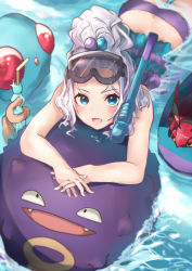 Rule 34 | 1girl, afloat, ass, bare shoulders, bikini, blue eyes, blush, bottle, butt crack, commentary request, creatures (company), e-co, fang, fangs, from above, game freak, gen 1 pokemon, gen 5 pokemon, glint, gym leader, hair bobbles, hair ornament, holding, holding bottle, koffing, looking at viewer, lying, midriff, nintendo, on stomach, open mouth, partially submerged, pokemon, pokemon (creature), pokemon bw2, purple bikini, roxie (pokemon), short hair, sidelocks, snorkel, striped bikini, striped clothes, swimsuit, tentacool, topknot, venipede, water, white hair