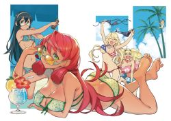 Rule 34 | 4girls, akashi (kancolle), american flag bikini, ass, barefoot, bikini, black bikini, black hair, blonde hair, blue eyes, breasts, butt crack, cleavage, clothes theft, covering privates, crying, crying with eyes open, drink, eyepatch bikini, flag print, gambier bay (kancolle), glasses, green eyes, hair between eyes, hair ribbon, hairband, iowa (kancolle), kantai collection, large breasts, lifebuoy, long hair, lotion, lying, multiple girls, nonco, on stomach, one-piece swimsuit, ooyodo (kancolle), palm tree, pink hair, polka dot, polka dot bikini, print bikini, ribbon, semi-rimless eyewear, star (symbol), sunscreen, swim ring, swimsuit, symbol-shaped pupils, tears, the pose, theft, tree, tress ribbon, twintails, u-511 (kancolle), under-rim eyewear, white one-piece swimsuit