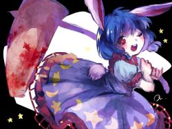 Rule 34 | 1girl, ambiguous red liquid, animal ears, blood, blue dress, blue hair, blush, rabbit ears, rabbit tail, dress, hammer, kine, looking at viewer, low twintails, mallet, md5 mismatch, one eye closed, open mouth, puffy short sleeves, puffy sleeves, red eyes, resized, sanso, seiran (touhou), short hair, short sleeves, smile, solo, stain, star-shaped pupils, star (symbol), symbol-shaped pupils, tail, touhou, twintails