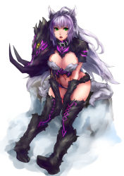 Rule 34 | 1girl, agrius metamorphosis, animal ears, atalanta (fate), atalanta alter (fate), belt, belt buckle, belt collar, black belt, black collar, black gloves, black thighhighs, boar, braid, breasts, buckle, cat ears, cat tail, cleavage, collar, elbow gloves, eyebrows, fang, fate/grand order, fate (series), french braid, gloves, gradient hair, green eyes, grey hair, hands on own thighs, highres, large breasts, long hair, metsbee, multicolored hair, navel, open mouth, pigeon-toed, purple hair, single braid, sitting, solo, stomach, tail, thighhighs, tongue, two-tone hair, very long hair
