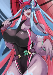 Rule 34 | 1girl, absurdres, bare shoulders, black one-piece swimsuit, blue hair, body markings, breasts, cleavage, collarbone, colored skin, competition swimsuit, covered navel, dark-skinned female, dark skin, earrings, eyeliner, fate/grand order, fate (series), grey skin, gumi (the eye of darkness), hair between eyes, hat, highleg, highleg swimsuit, highres, horns, ibuki douji (fate), ibuki douji (swimsuit berserker) (fate), ibuki douji (swimsuit berserker) (first ascension) (fate), jewelry, large breasts, long hair, looking at viewer, makeup, multicolored hair, nail polish, oil-paper umbrella, one-piece swimsuit, oni, oni horns, open mouth, pink hair, pink hat, pink one-piece swimsuit, pointy ears, ponytail, red eyes, sidelocks, smile, solo, swimsuit, tail, thighs, two-tone swimsuit, umbrella, visor cap