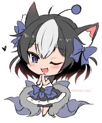 Rule 34 | 1girl, ;d, animal ear fluff, animal ears, black footwear, black hair, black shorts, black skirt, blue bow, blue eyes, blush, bow, chibi, commentary request, frilled skirt, frills, full body, grey hair, hair between eyes, hair bow, hands up, heart, looking at viewer, moochasu, multicolored hair, multiple tails, noai nioshi, one eye closed, open mouth, shirt, shoes, short sleeves, shorts, shorts under skirt, simple background, skirt, smile, solo, standing, tail, towelket wo mou ichido, twitter username, two-tone hair, two tails, white background, white shirt